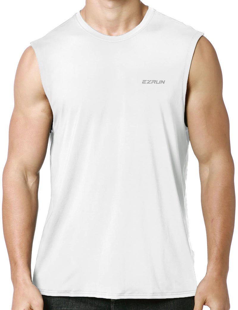 EZRUN Men's Sleeveless Shirt Quick Dry Workout Swim Shirt Gym Muscle Athletic Beach Tank Top(White,L) - Image 2